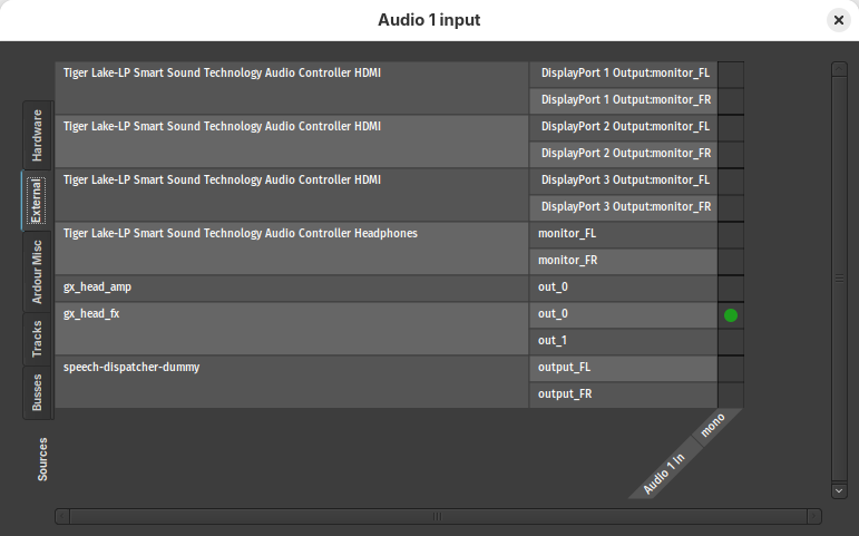 Routing of Audio 1 where the guitarix output is selected