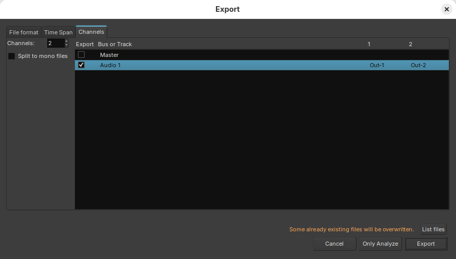 Export dialog in Ardour with channel selection